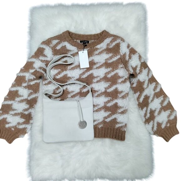 NWT Line & Dot Houndstooth Plush Sweater Pullover Winter Knit Brown Womens XS - Picture 2 of 12
